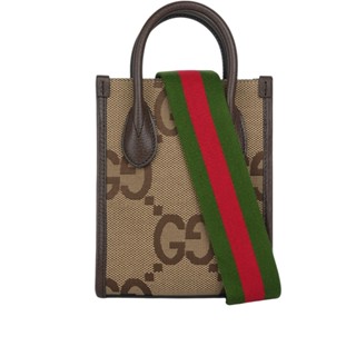 GUCCI Jumbo GG Logo 緹花布及皮革迷你二用托特包(棕色) 699406 UKMDG 2570