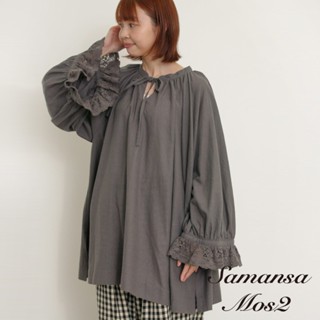 Samansa Mos2 蕾絲糖果袖綁帶領結長版襯衫/上衣(0F000556010)