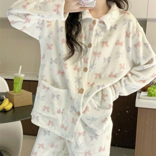HWSP🏹臺灣現貨🇰🇷韓國蝴蝶結珊瑚絨睡衣🎀睡衣 刷毛 韓國 蝴蝶結 絨毛 珊瑚絨 長袖 長褲 居家服 冬天 保暖