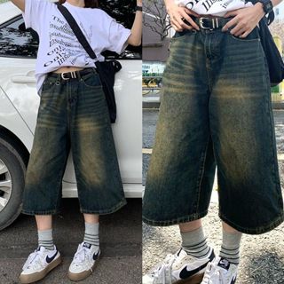 壹禾YIHOO~隔日達🔸七分褲女 牛仔短褲 女生短褲 夏季美式復古高街七分牛仔褲寬鬆闊腿褲女小個子直筒中褲 7分褲