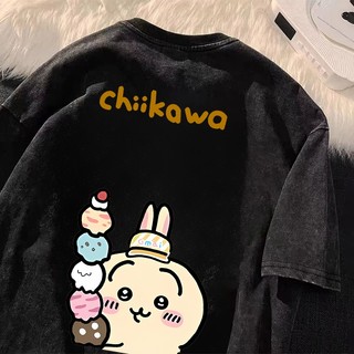 吉伊卡哇水洗T恤 可愛卡通短袖 純棉 T恤 OVERSIZE 水洗做舊上衣 復古 小眾上衣 Chiikawa 女裝上衣