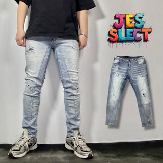 【JES】韓國 質感 線條感 剪裁 牛仔 水彩 潑漆 點綴 刷破 破褲 內補丁 彈性 透氣 修身 窄版 牛仔長褲 長褲