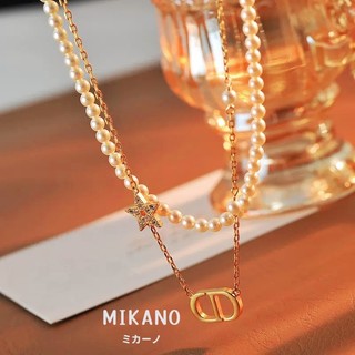 MIKANO 18K加厚真金厚鍍 高級感字母CD滿鑽星星雙層珍珠項鏈 項鍊女 頸鏈 時尚 百搭款