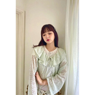 小饅頭｜🍒RUBY AND YOU🍒日單 蕾絲大翻領短外套 防曬綁帶開衫 開口襯衫刺繡碎花 透膚防曬長袖上衣 外搭疊穿