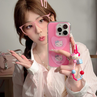 卡通 粉底兩個愛心Kitty貓 配手鏈 全包防摔保護套 iPhone 16 Pro Max 15 14 13 手機殼