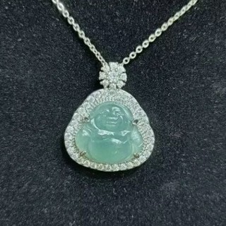 玉貴人…天然冰種彌勒佛藍水翡翠玉墜項鍊，特價