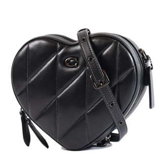 COACH 專櫃款 Heart 心型絎縫菱格拉鍊斜揹包-黑色 【美國正品現貨】