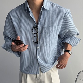 正韓BOXY 寬短泡泡紗條紋長袖襯衫 3色 YUPPIE 預購商品 0331