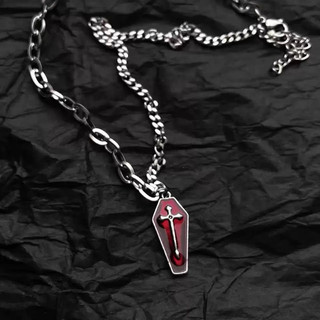 預購*暗黑哥德吸血鬼十字架棺材吊綴鎖鏈酒紅色項鍊 鎖骨鏈 毛衣鏈 lolita 蘿莉塔 萬聖節 劇本殺 飾品