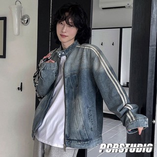 【PCRSTUDIO】外套 牛仔外套 條紋 長袖 雙拉鍊 立領 夾克 韓系 韓版 街頭 潮流 上衣 設計 寬鬆 休閒