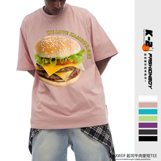 【K-2】MAXWDF HAMBURGER 起司牛肉漢堡 食物 短T T恤 穿搭 寬鬆 情侶 吃貨【JB3125A】