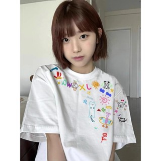 赤道少女 純棉 短袖T恤 短袖上衣 oversize 設計感 潮牌衣服 卡通塗鴉上衣 寬鬆上衣 夏天衣服 上衣女