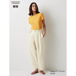 Uniqlo 女裝 亞麻混紡打褶長褲 黑 米白 S