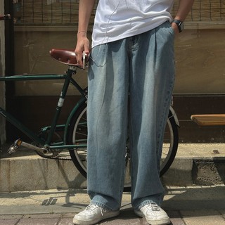 正韓輕薄水洗刷色單褶牛仔寬褲 藍色 YUPPIE 預購商品 0421
