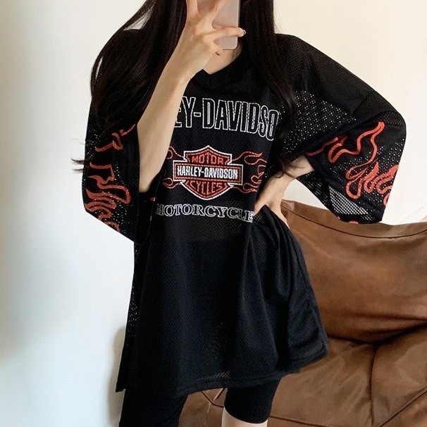 【Misty Club】韓國 HARLEY-DAVIDSON火焰 網眼 復古感 V領 球衣 寬鬆 短袖 上衣 短袖tee