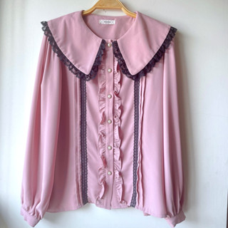 二手。正韓 Aodress 翻領滾蕾絲邊 雪紡上衣