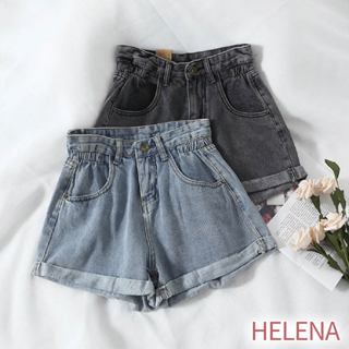 【Helena】韓版復古高腰鬆緊捲邊牛仔短褲 休閒褲 短褲 褲子 熱褲 運動短褲 女裝 休閒短褲 高品質【C112】