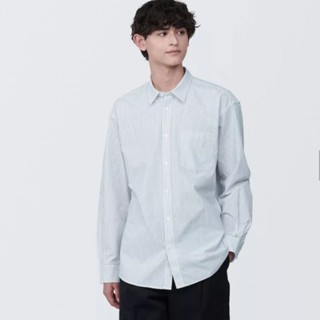 二手精品/MUJI 無印良品 男水洗平織布長袖襯衫M白直紋