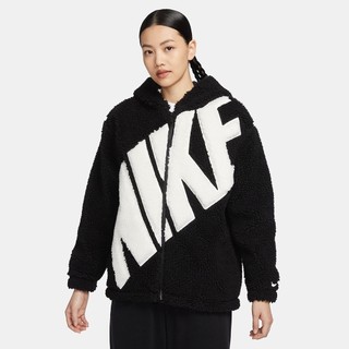 NIKE 外套 AS W NSW LOGO 黑 大LOGO 寬版 羊羔毛 毛毛外套 女 FB8696-010