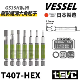 《tevc》VESSEL 日本製 剛彩 短溝 大扭力 耐衝擊 40V 內六角 起子頭 GS35H 電動起子 精密 六角