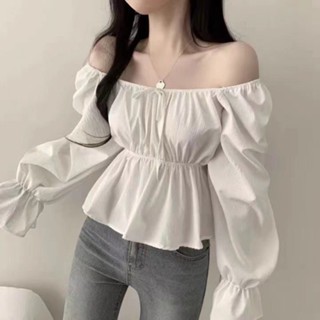 ZUCAS~韓版方領繫帶收腰荷葉邊喇叭袖顯瘦襯衫 長袖上衣 女裝 衣服 長袖t恤 保暖上衣 冬裝T-9430
