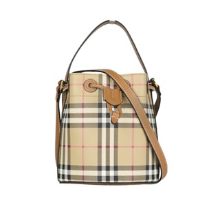 BURBERRY 格紋帆布及皮革迷你水桶包(經典米色/石楠木棕) 8100486 A9534