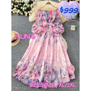 JYUN’S春夏新款度假風露肩ㄧ字領綁帶收腰燈籠袖花朵🌷🌺雪紡長袖洋裝連身裙大尺碼3色飯S~2XL預購