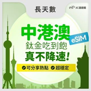可刷卡｜長天數【中港澳 eSIM 鈦金款不降速 網路吃到飽】中國 香港 澳門 通用 4G/5G 吃到飽｜eiP 網絡卡