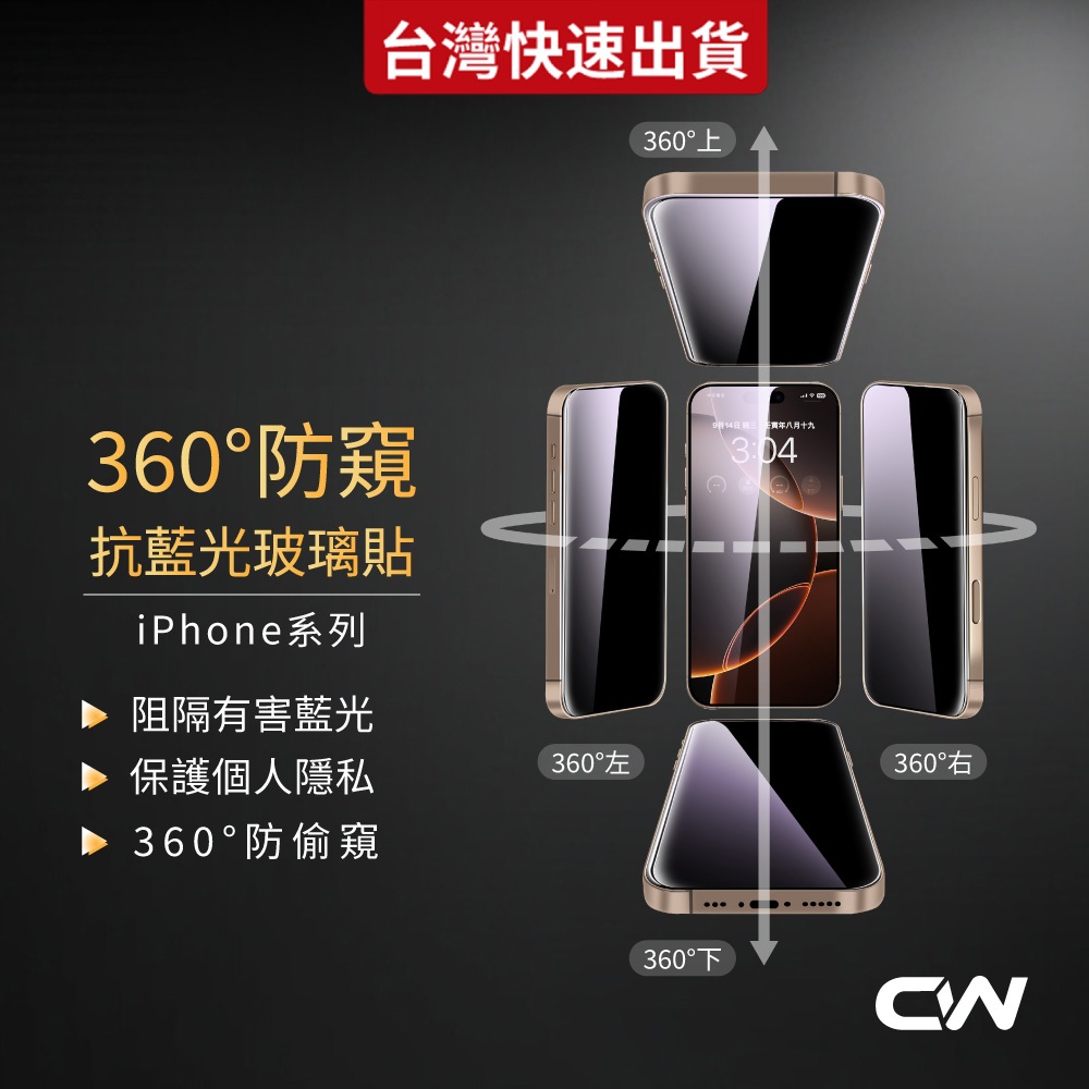 360度防窺抗藍光滿版玻璃貼 保護貼適用iPhone 17 16 15 14 13 12 11 Pro Max i17