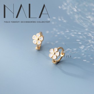 NALA 娜拉。S925 純銀 白色花朵 耳扣 圈圈耳環 簡約淡雅 小花 五瓣花 耳圈 小白花 韓國 耳釦 防過敏 耳針