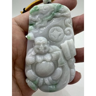 〔附證書〕天然翡翠-白底青彌勒佛吊飾。2~23