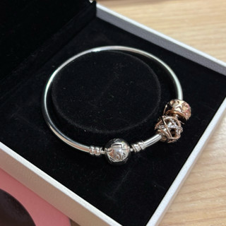 潘朵拉 PANDORA Moments 經典硬環17cm 玫瑰金鑲鑽圓形串飾