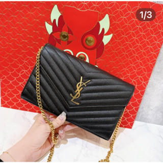 二手旗艦 YSL 黑色 魚子醬牛皮 山形紋 復古金LOGO 20卡 WOC 鍊包 信封包 斜揹包 (中友店)