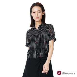 【KeyWear 奇威名品】經典襯衫領型短袖上衣 黑色