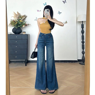 WEILI 美系復古藍設計感微喇牛仔褲女夏季薄款高腰寬鬆顯瘦喇叭褲