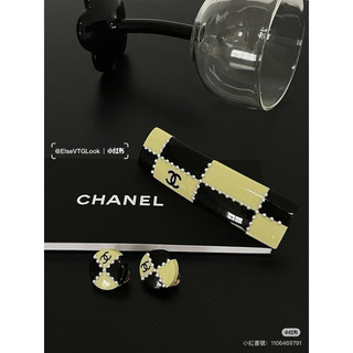CHANEL 香奈兒 vintage 壓克力 黑白格紋 珍珠 髮夾 髮飾