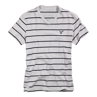 AMERICAN EAGLE-全新NG出清品 修身黑白條紋短T 合身橫條紋V領上衣 細條紋純棉T恤 AE T-shirt