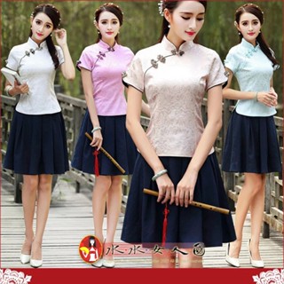 時尚中國風女唐裝上衣古典風短袖舒適棉質日常生活百搭漢服-聽然(四色可選)-水水女人國