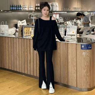 ⭐門店現貨⭐上衣長袖大尺碼 大碼300斤女秋季掛脖加絨衛衣女設寬鬆胖mm200遮肚慵懶風露肩上衣