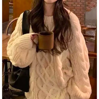 【ʟɪᴏɴɴ現貨】韓系紫色酒紅寬鬆圓領麻花針織毛衣 針織上衣 長袖上衣 女裝 衣服 寬鬆上衣 長袖t恤 冬裝 發熱衣