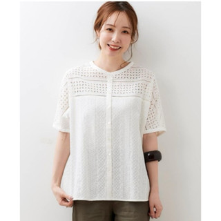 日本 le.coeur blanc 低調華麗刺繡全棉質蕾絲排扣襯衫
