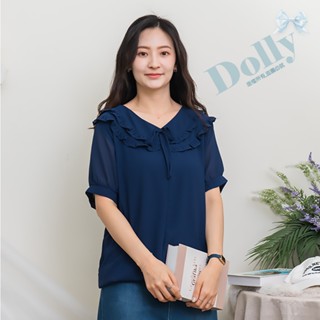 Dolly多莉大碼專賣店 臺灣現貨 大尺碼雙層木耳領口綁帶素面雪紡上衣(藍色)956