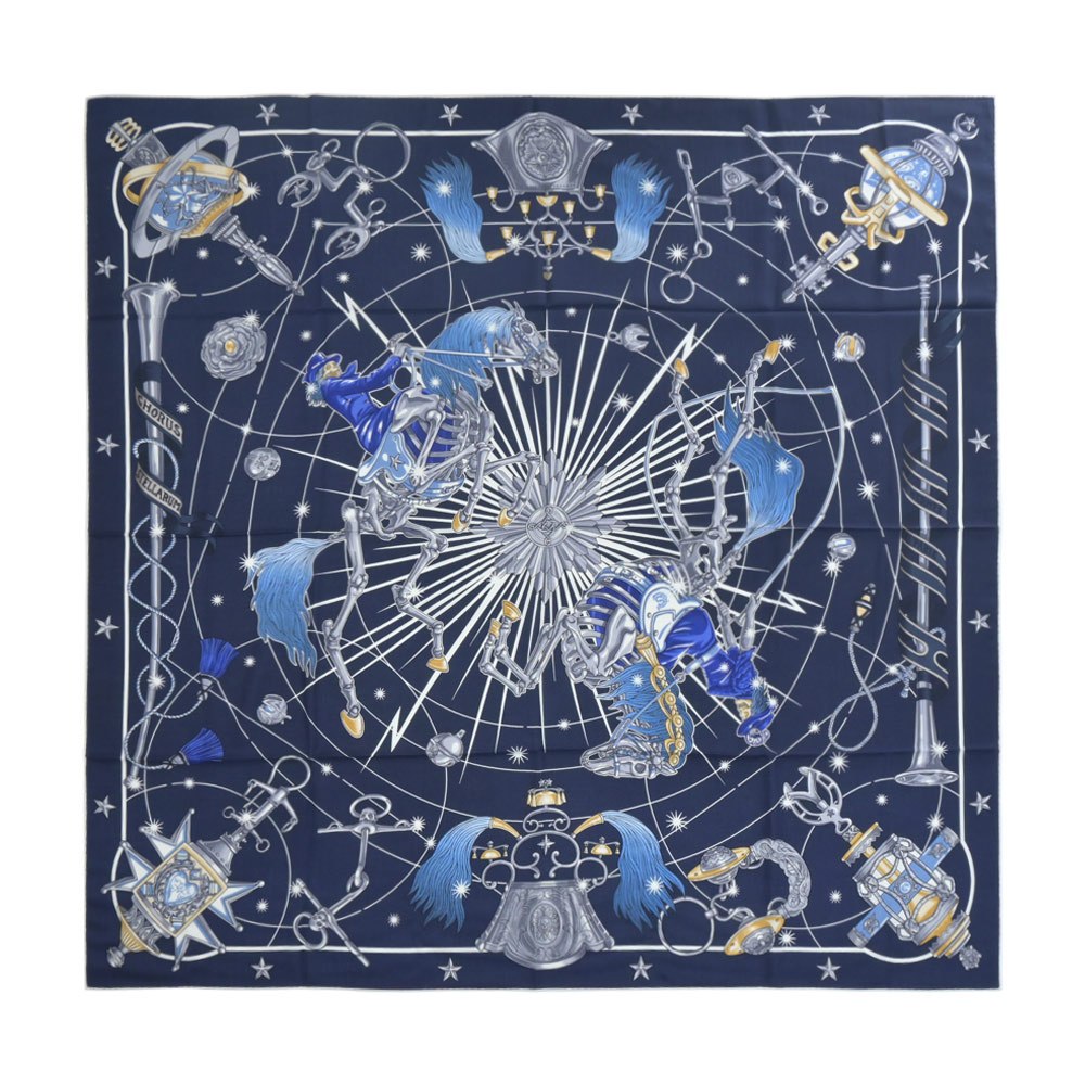 Hermes 愛馬仕 Chorus Stellarum 140 手工捲邊喀什米爾與真絲混紡方巾(海軍藍 / 靛藍 / 白