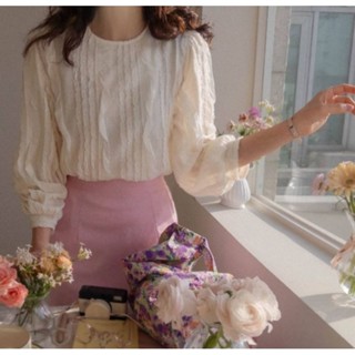 🌸現貨🌸honey 正韓服飾 春夏米白色圓領條紋紗五分袖雪紡上衣。