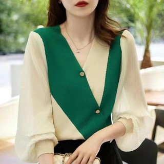燈籠袖拼色針織衫女裝2024秋冬季新款洋氣套頭上衣潮 拼接針織衫 針織毛衣 秋冬針織上衣 長袖針織衫【MY】