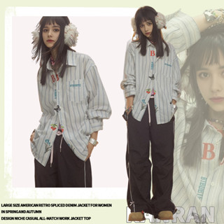 RANRAN/復古條紋襯衫女 刺繡襯衫 上衣女 shirt 文藝感 寬鬆百搭襯衣 個性長袖上衣 潮牌襯衫 休閒襯衫薄外套
