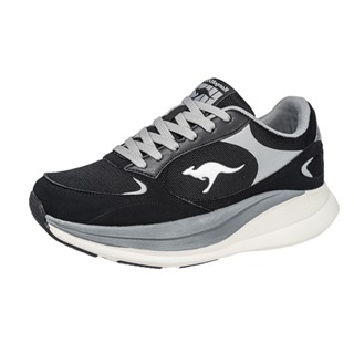 【KangaROOS 美國袋鼠鞋】男鞋 FUSION 雲朵厚底鞋 皮革布絨 輕量透氣 (黑/灰-KM41890)