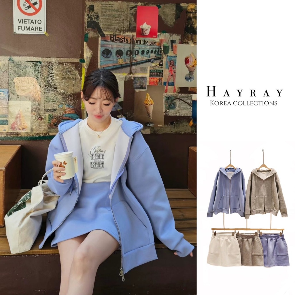 hayray｜現貨,藍裙S +預購 男友風寬版連帽外套 / BM女孩休閒棉褲裙 / 套裝【copiner】mar