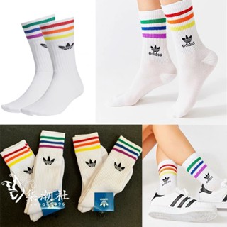Adidas 彩虹 襪子 Originals 彩色條紋襪 三葉草女生中長筒運動休閒訓練健身瑜伽襪小腿襪 愛迪達 跑步長襪