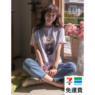 dream color kr 一件免運 韓國代購 正韓女裝 可愛小熊騎車印花點綴袖末配色蕾絲短袖上衣 0313
